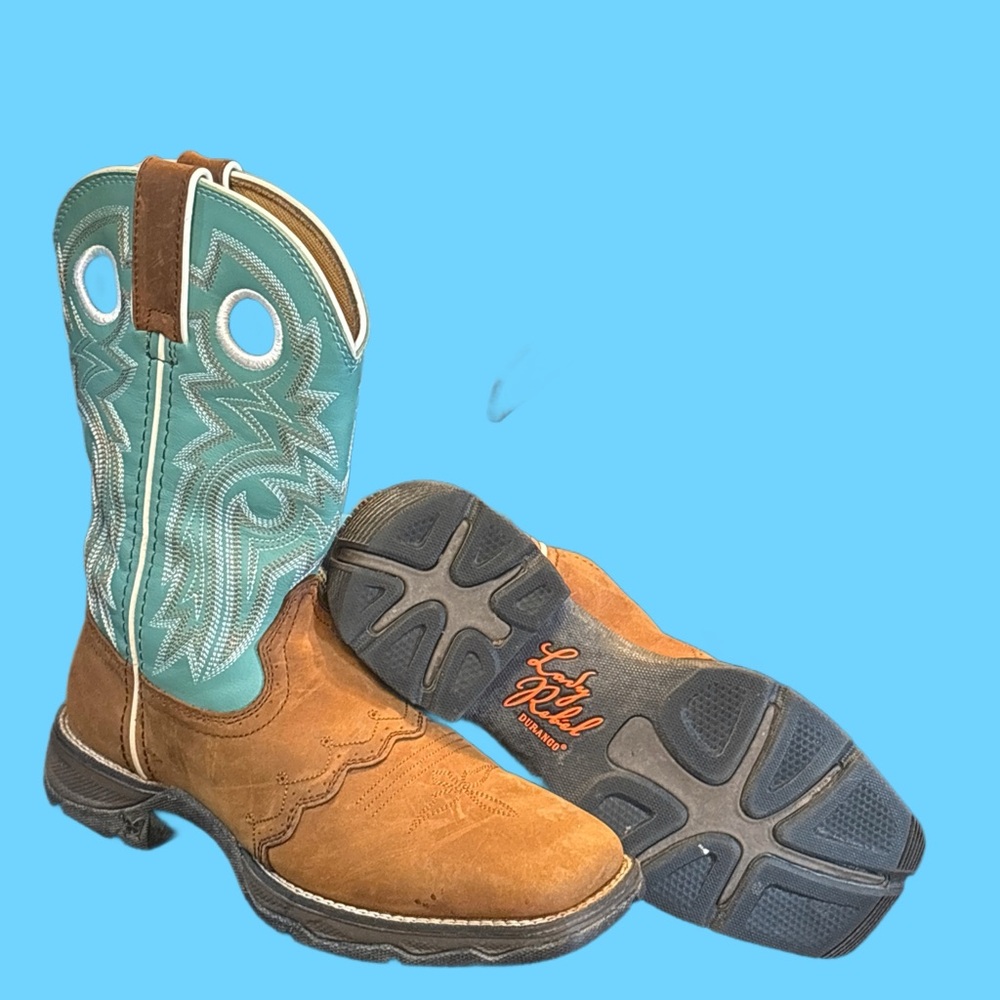 Laredo Tan and Blue Cowboy Boots with Decorative Stitching